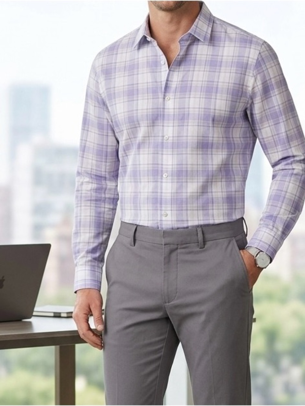 Calvin Klein Infinite Cool Men’s Plaid Dress Shirt Purple Long Sleeve Non Iron